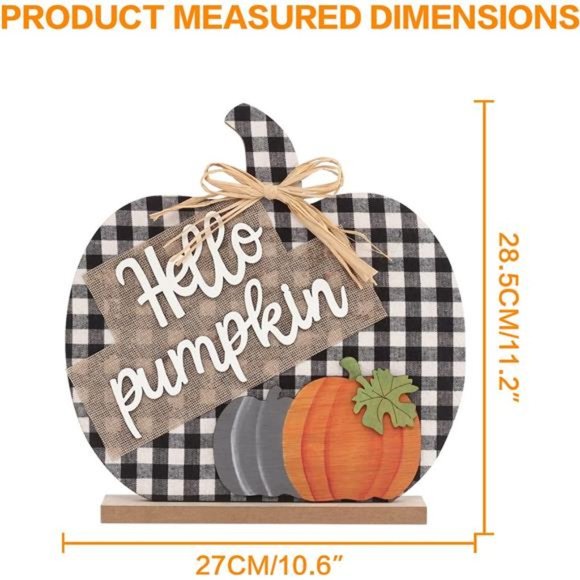 Fall Hello Pumpkin Sign Decorations, 12"/30CM Wooden Buffalo Plaid - Picture 5 of 6